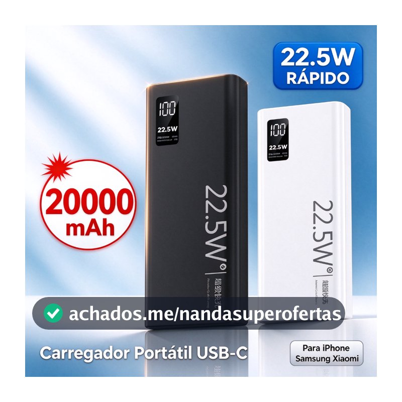 Carregador Portátil 20000mah grande capacidade power bank usb c 22.5w rápido portátil bateria para iphone samsung xiaomi