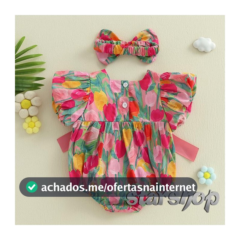 Starshop-Macacão De Flores Para Bebês Meninas , Manga Voadora , Com Faixa De Cabeça Laço , Roupas Fofas De Verão , Conju