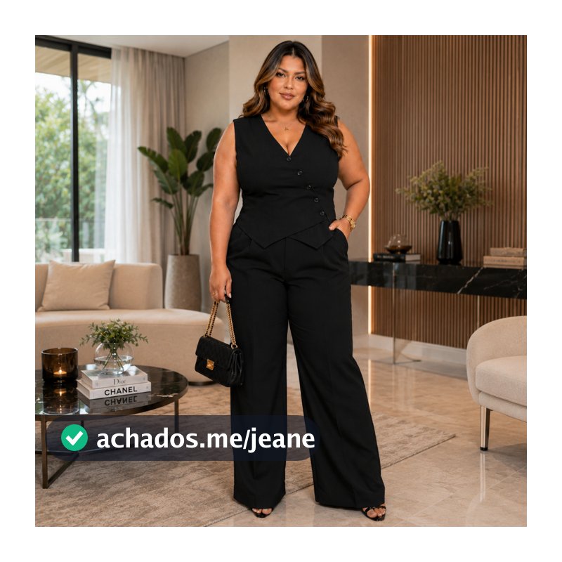 Conjunto Belly no Alfaiataria Feminino Plus Size Colete e Calça Pantalona Social