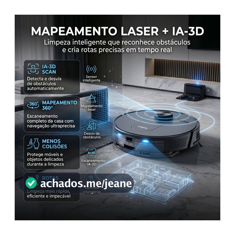 Robô aspirador - Ropo Vision c/ IA-3D Scan, Mapeamento laser 360°, passa pano com MOP