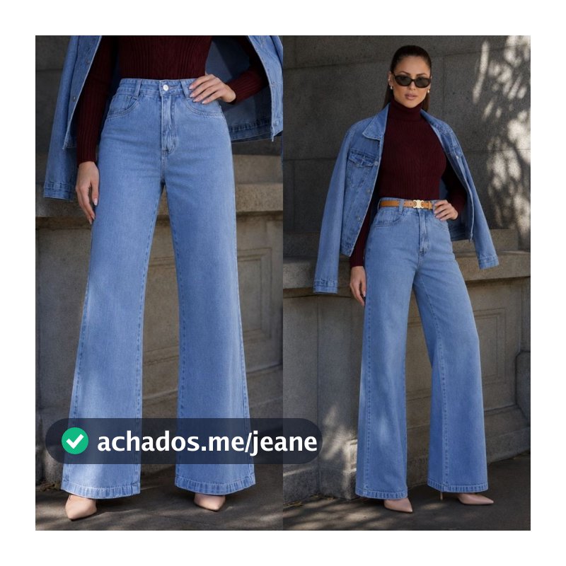 Calça Jeans Wide Leg Feminina Elegante Jeans Premium Cintura Alta com Bolsos