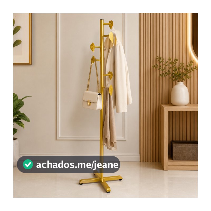Cabideiro de Chão Leaf Luxo em Aço Carbono 6 Gancho | Mancebo Moderno para Roupas, Bolsas e Acessórios
