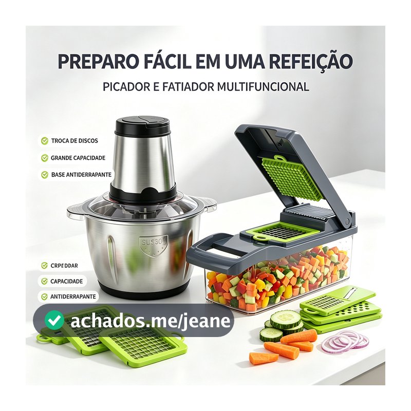 Kit Cortador de Legumes + Triturador de Alimentos 14 em 1 Aço Inox