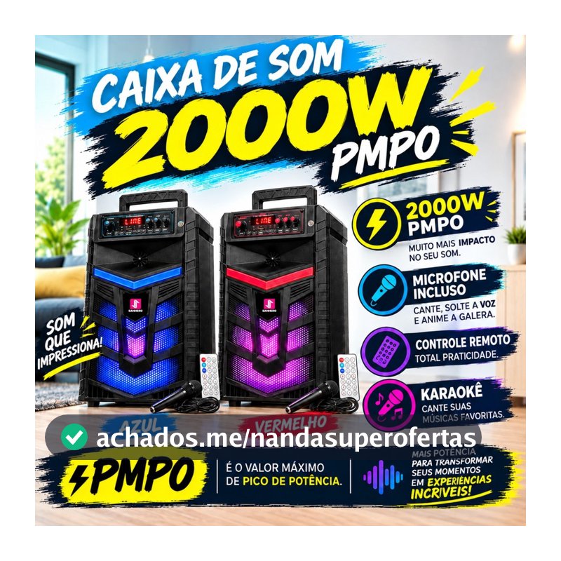 CAIXA DE SOM 2000W COM MICROFONE E CONTROLE REMOTO - FUNÇÕES KARAOKE E BLUETOOTH