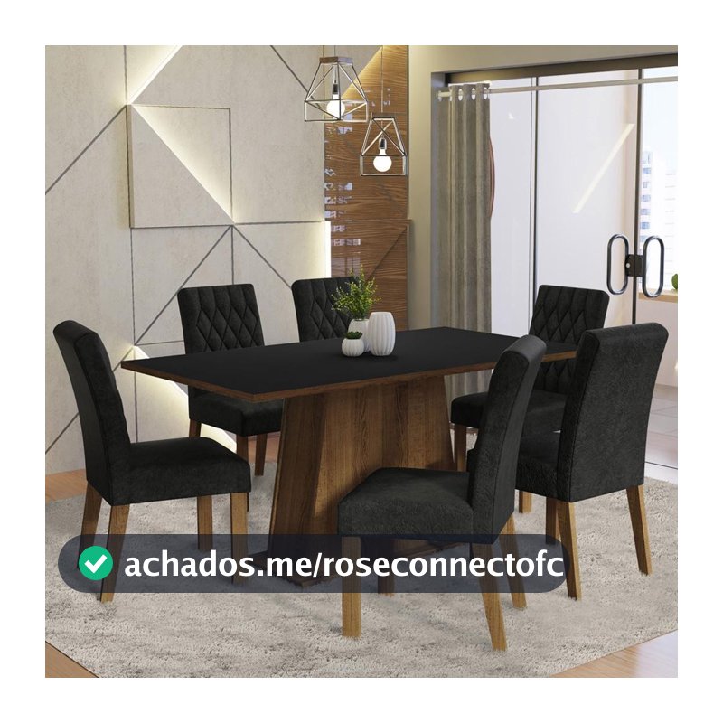Conjunto Sala de Jantar Mesa Tampo de Madeira 6 Cadeiras Rustic/Preto/Oxford Britney Madesa