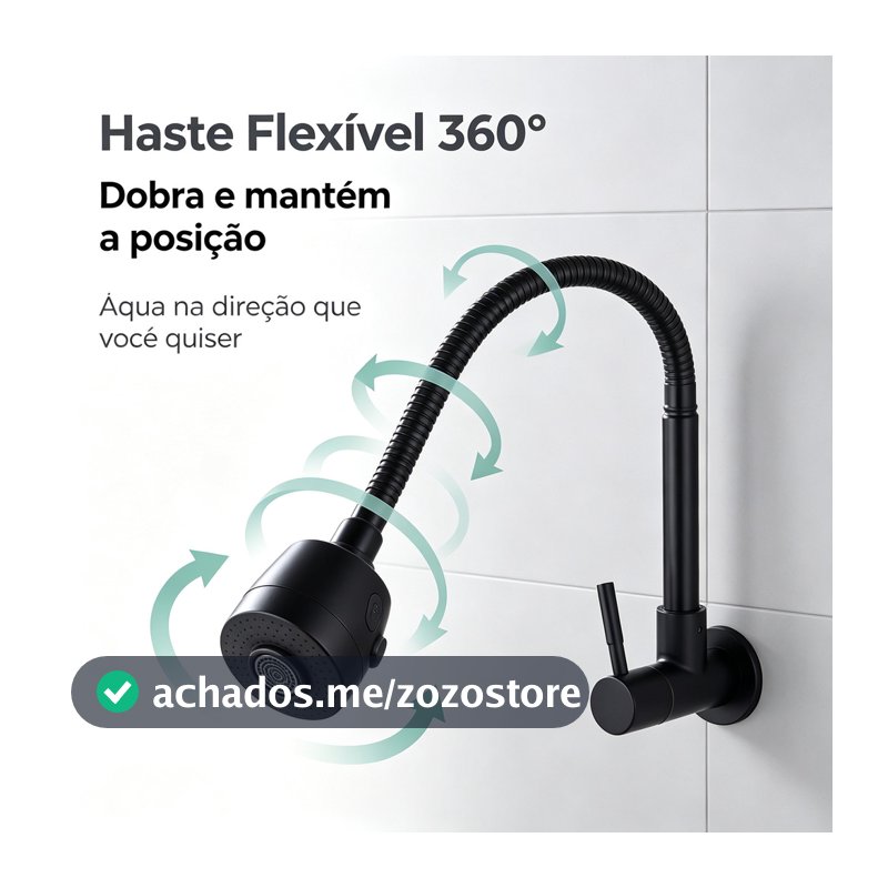 Torneira Inox  Prata/Preto Com Chuveiro Com Rotação De 360° Cozinha Luxo Parede Promoção