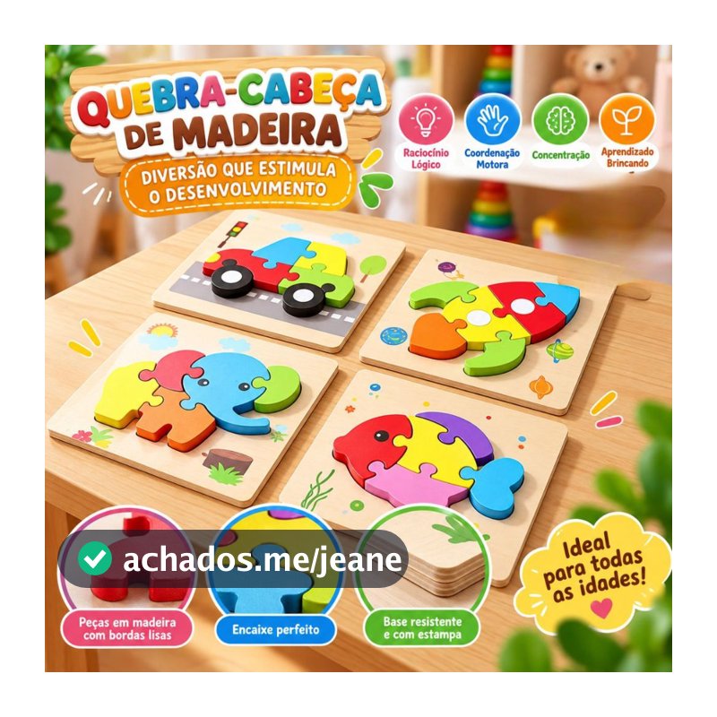 Kit Quebra-Cabeças de Madeira Infantil Sortidos Animais Formas e Personagens Coloridos Educativo