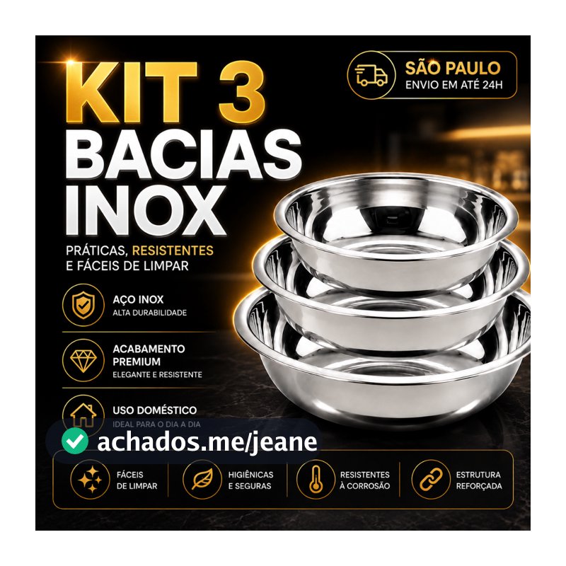 Kit 3 Tigelas Inox Bowl Bacia Saladeira Vasilha Multiuso para Cozinha Salada Frutas e Massas