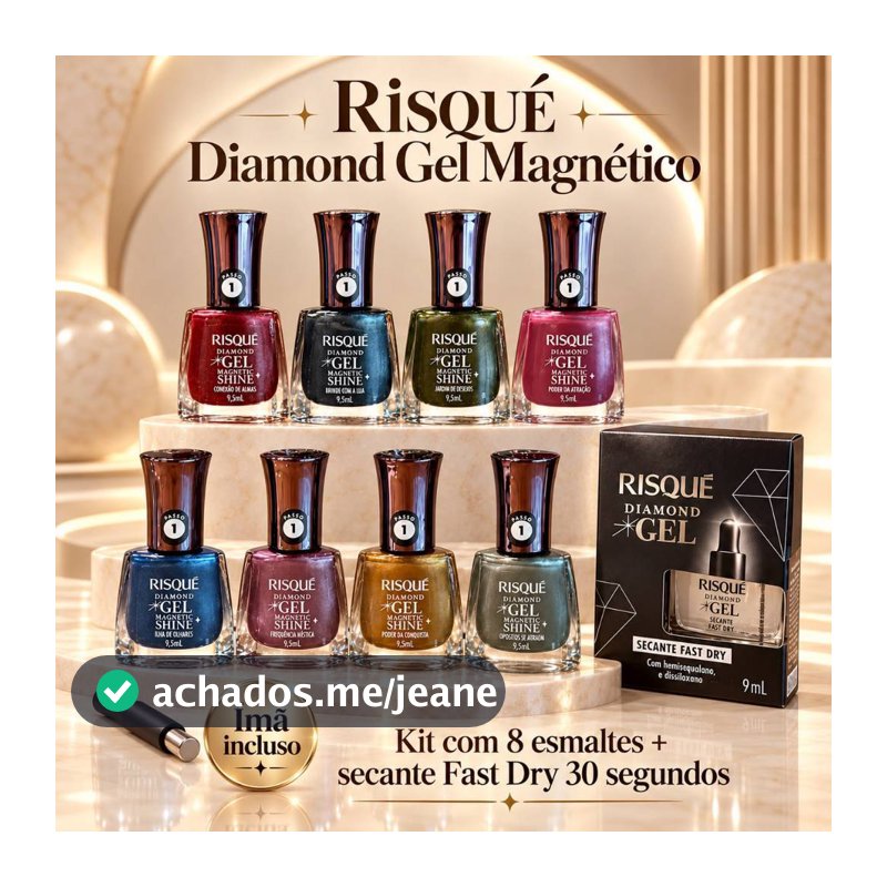 Esmalte Magnético Gel Risqué Diamond Gel Magnetic Shine 9,5mL com Ímã Incluso + Secante 30 segundos Fast Dry