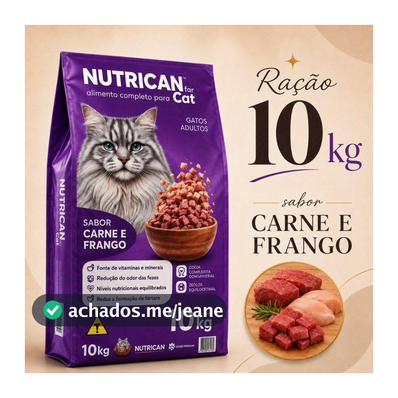 Ração Para Gatos Nutrican 10kg Sabor Carne Frango Reduz Odor das Fezes