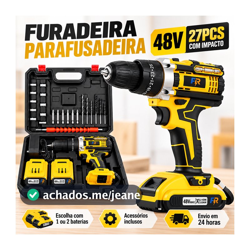 Parafusadeira Furadeira de Impacto 48V Sem Fio 3 Funções com Bateria e Maleta Kit de Acessórios