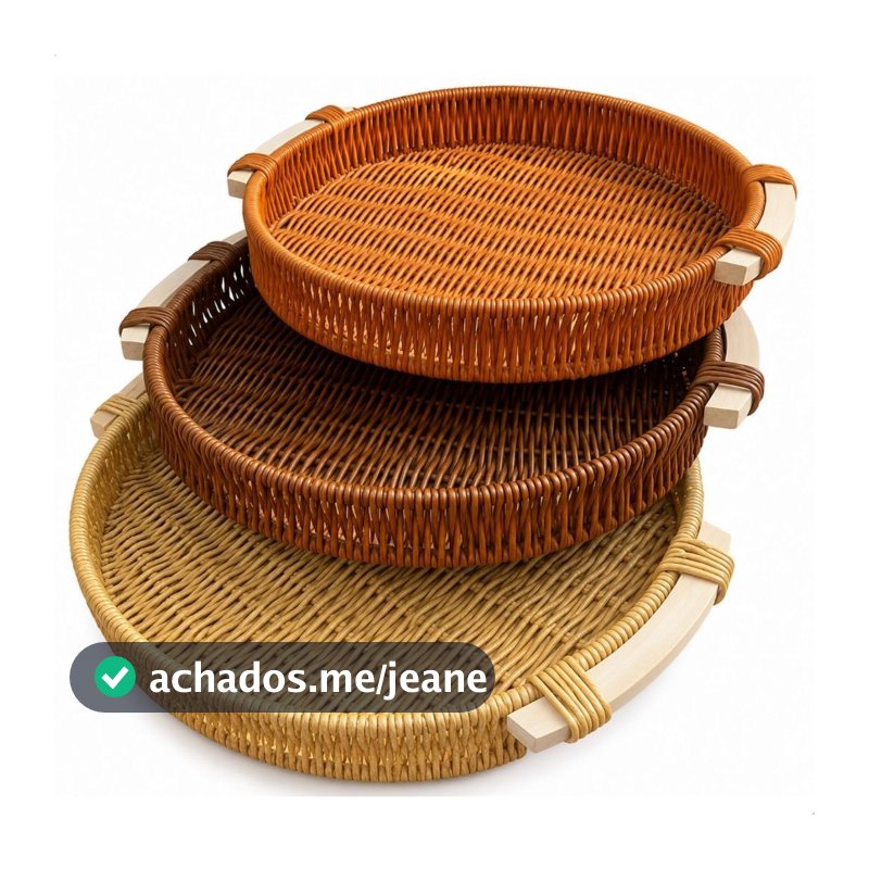 Bandeja Tramada Redonda com Alça de Bambu – Multiuso e Decorativa