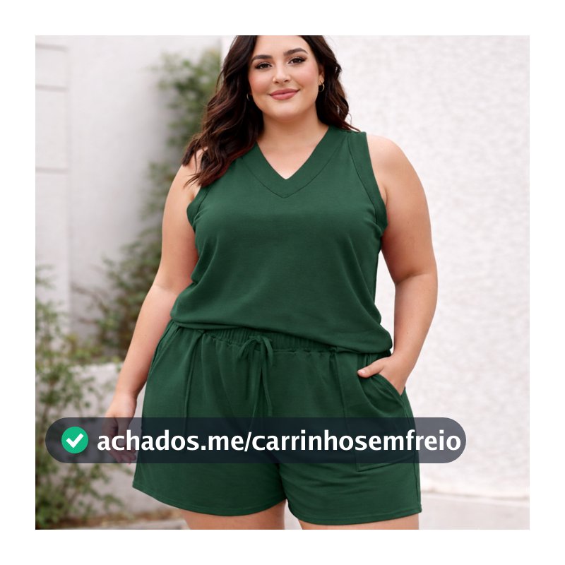 Conjunto feminino Plus size Moletinho Regata Gola V e Short com Bolso e Cordinha