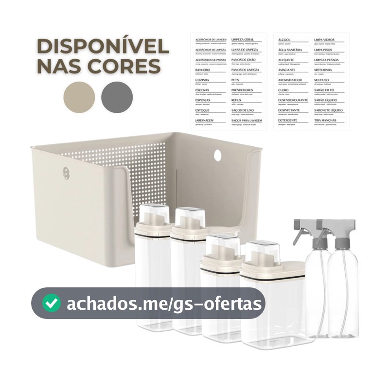 Kit Para Lavanderia 7 Peças Cesto Organizador Dispenser Sabão Borrifador e Etiquetas