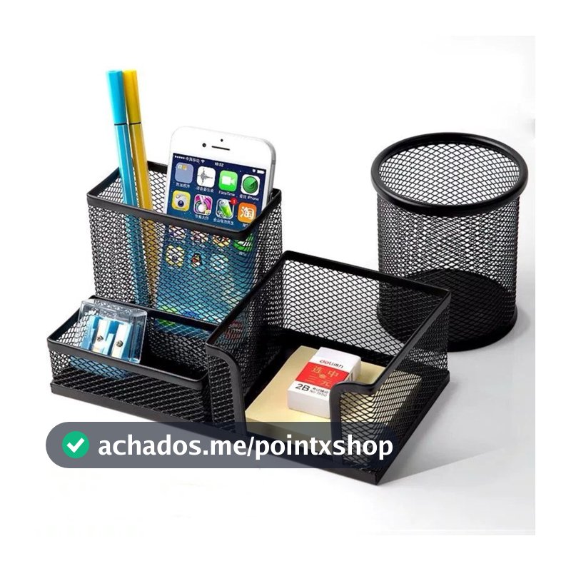 Organizador de Mesa Metal Aramado Para Escritório 3 Divisões Porta Lapís Caneta Clips