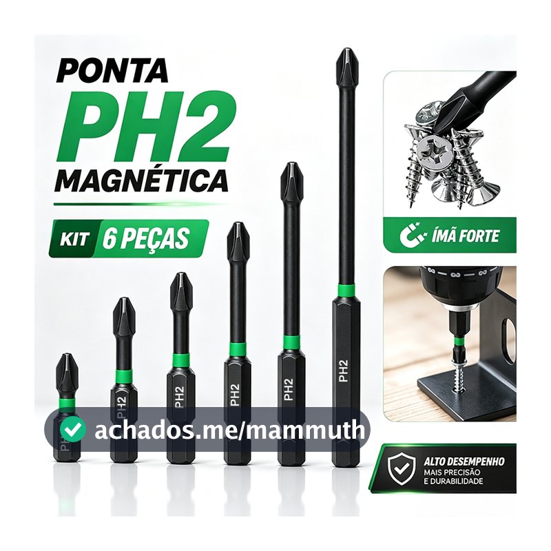 Kit 6 bits Phillips PH2 magnéticos aço S2 anti-impacto antiderrapante, encaixe sextavado 1/4 para parafusadeira