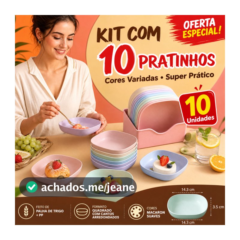 Kit 10 Pratinhos de Palha de Trigo Quadrado Multicolor Macaron Sobremesa Petiscos Acompanhamento Comida
