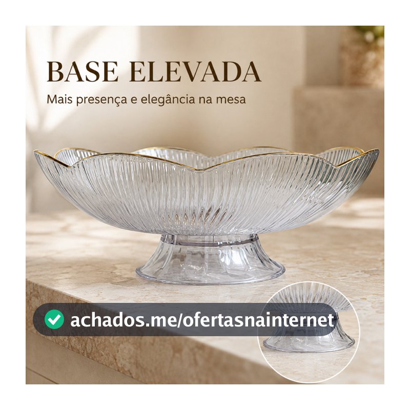 Fruteira de Mesa em Plástico Transparente Flor com Pé Borda Dourada Porta Frutas e Doces 23cm