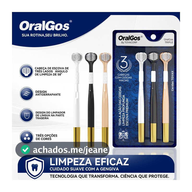 OralGos TRIPLO Escova de Dente 3 Lados com Raspador de Língua+Pega Antiderrapante