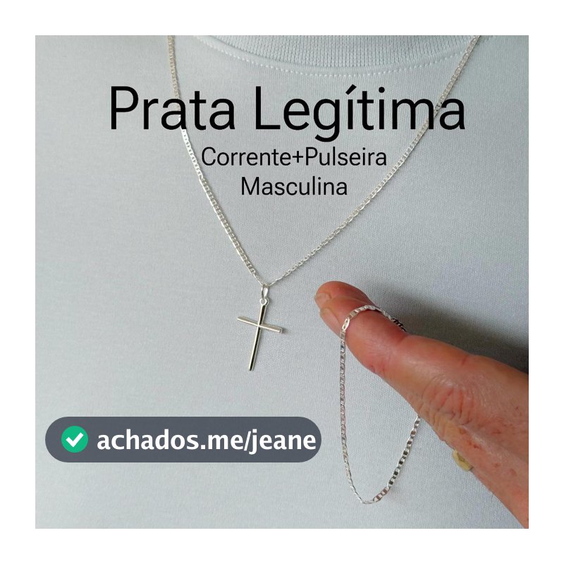 Corrente Piastrini Prata 925 Legítima Masculina + Pingente Cruz+ Pulseira Acabamento Premium