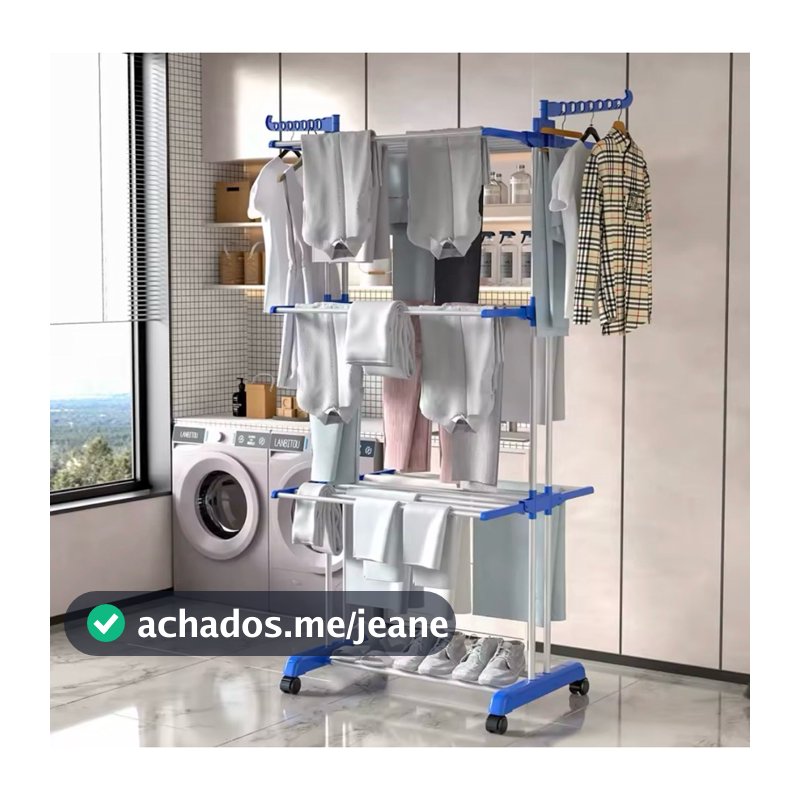 Varal de Chão Dobrável 3 Andares c/ Rodinhas Aço Reforçado Abas Laterais e Suporte Cabides e Sapatos
