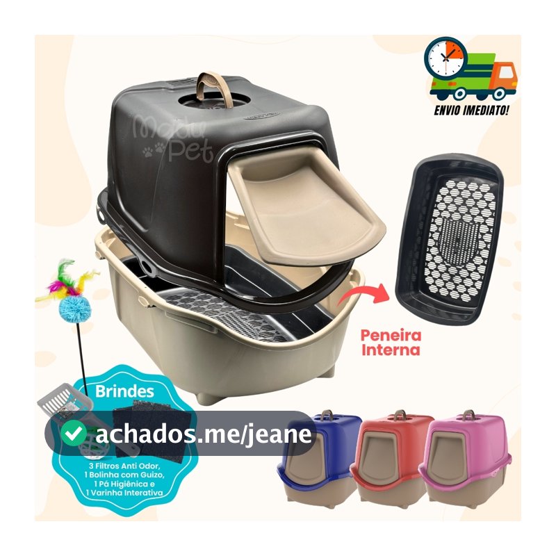 Caixa de Areia Fechada Para Gatos c/ Peneira Interna + Pá e Filtro Anti Odor Envio Imediato Promoção