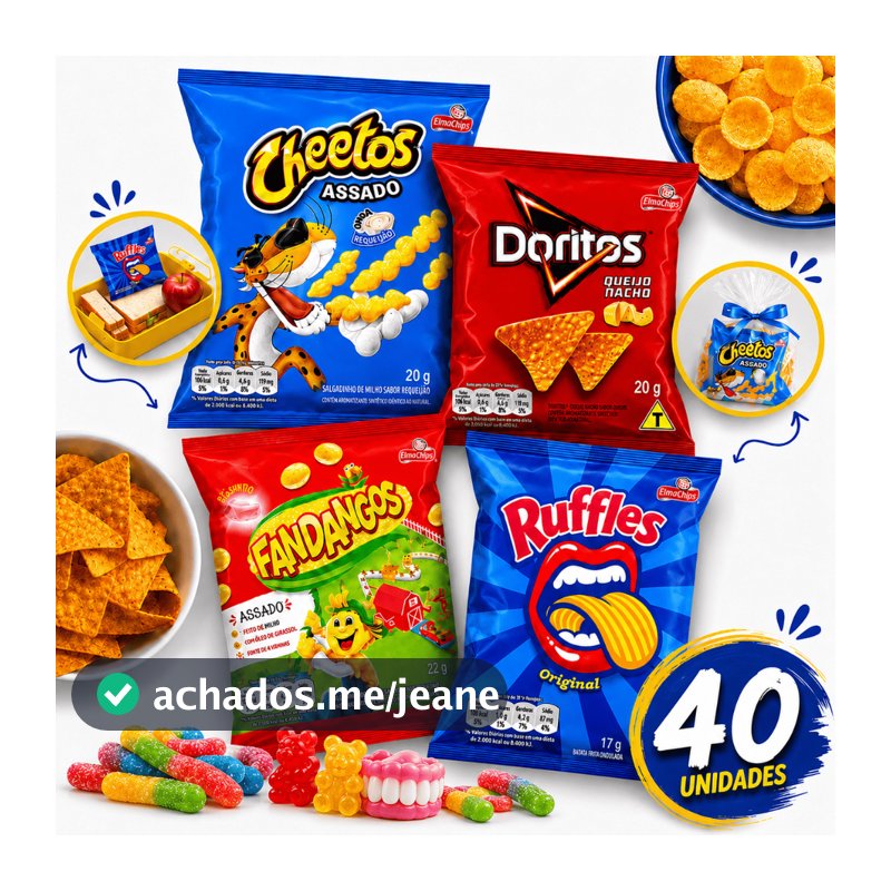Kit 40 Salgadinhos Sortidos Elma Chips Doritos Cheetos Ruffles Fandangos Festa Lanche Lembrancinha Presente