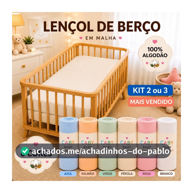 Lençol de Berço Kit 2 ou 3 100% Algodão com Elástico 70x130x12 – Malha Confortável