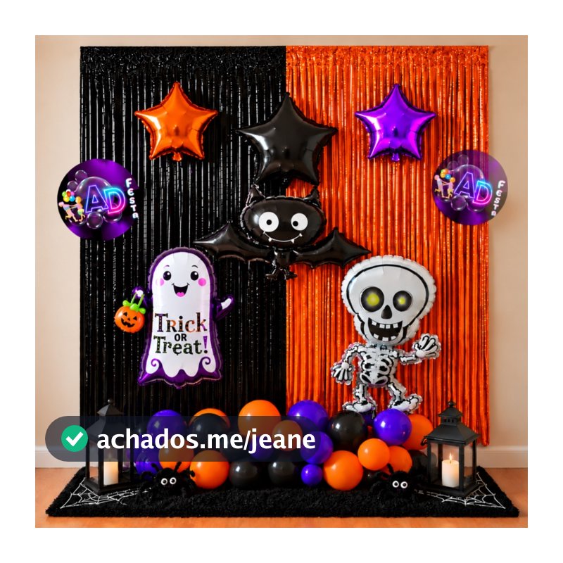 Kit Decoração Halloween 2 Cortinas + 20 Bexigas + 3 Balões Grande, Fantasminha, Esqueleto, Morcego + 3 Estrela Completo
