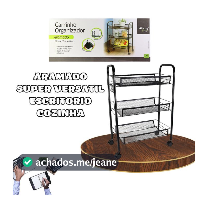 Carrinho Organizador Aramado com Rodinhas Preto Ideal Para Cozinha Escritório Oficinas Escolas