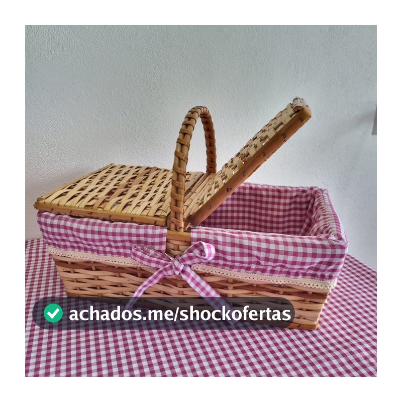 Kit Cesta Piquenique Vime C/ Forro 43x25x16cm + Toalha Xadrez