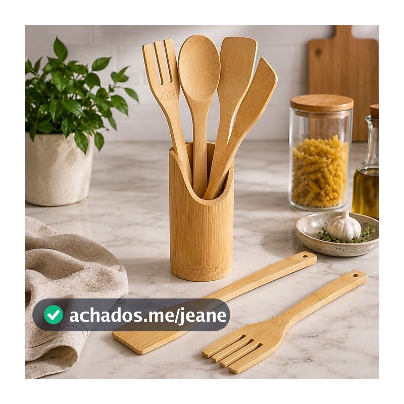 Conjunto Utensílios Madeira Bambu Espátula Colher Cozinha Culinária Porta Talheres Servir Preparar