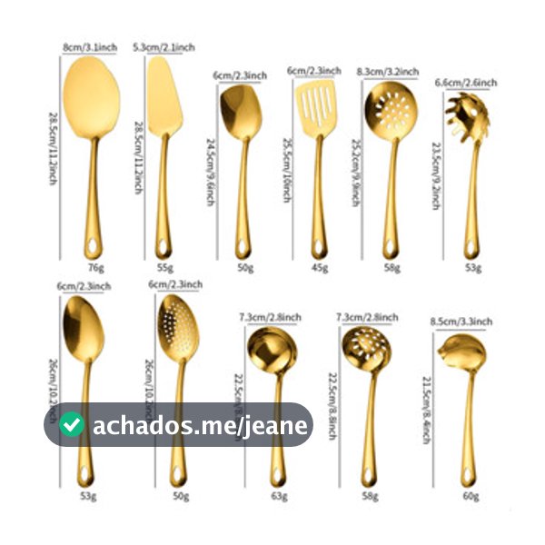 Kit 11 Peças Utensílios de Cozinha Dourado - Espátula Colher Concha Escumadeira Pegador de Pizza