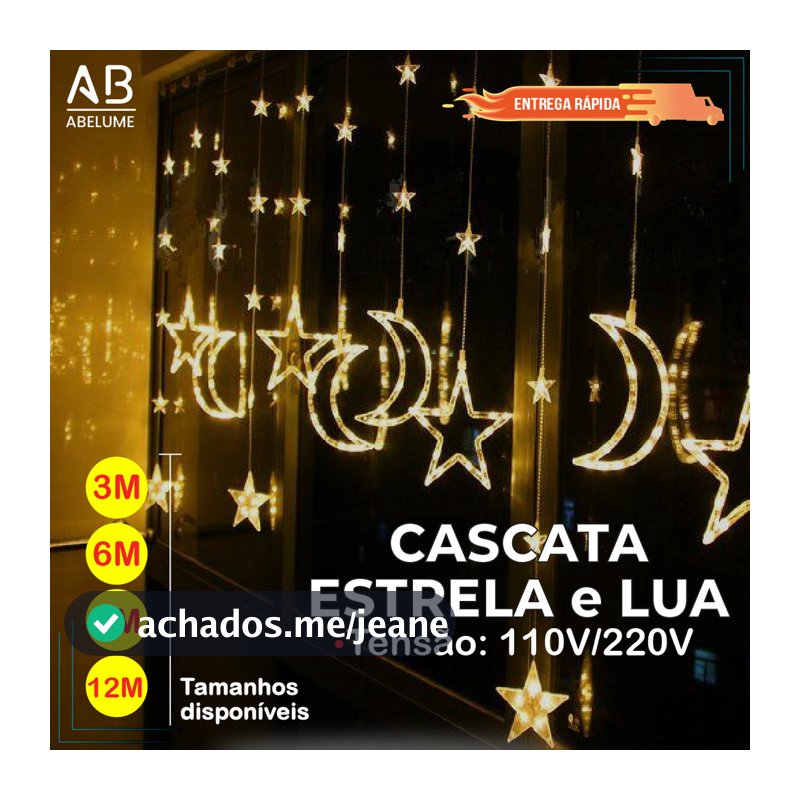 12 Metros Pisca Pisca Fio de Fada LED c/ Cascata de luzes Estrela e Lua 9W Cortina com 8 modos de luz Branco Quente 110V ou 220V
