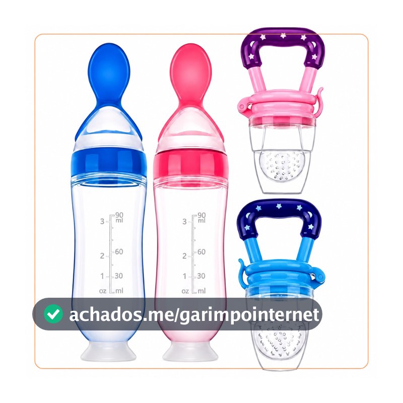 Alimentação Infantil Chupeta Mordedor Porta Frutas e Mamadeira de Silicone com Colher Dosadora Bebê