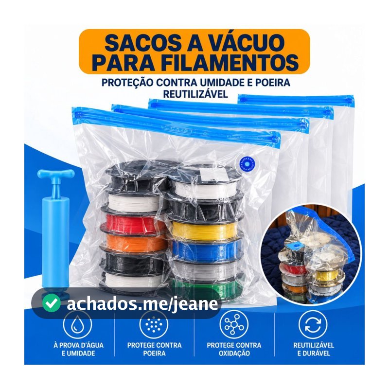 Saco a Vácuo para Filamento 3D PLA PETG Reutilizável com Válvula Kit 5 Sacos + Bomba Manual