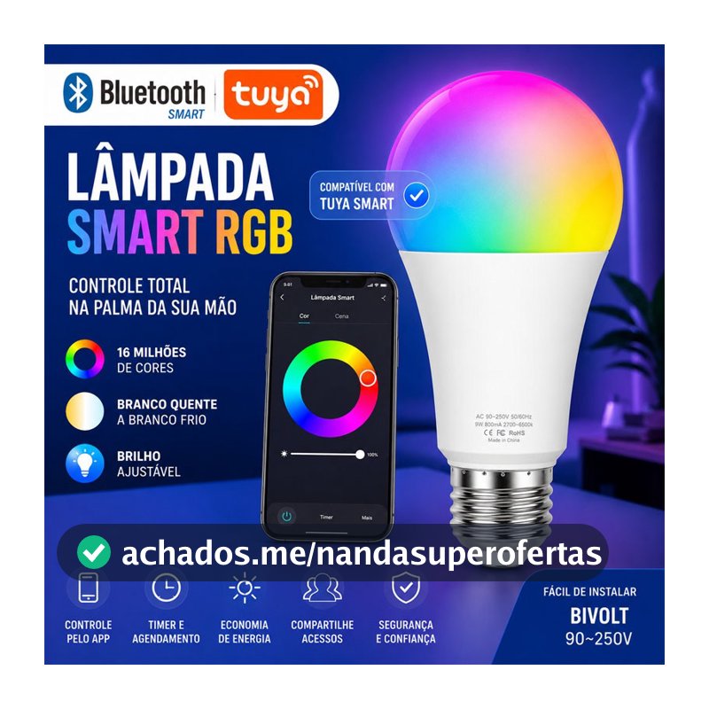 Lâmpada Led Inteligente Bluetooth ou Wifi Compatível TUYA，Smart，Alexa，Google Assistente E27 10W 110V/220V