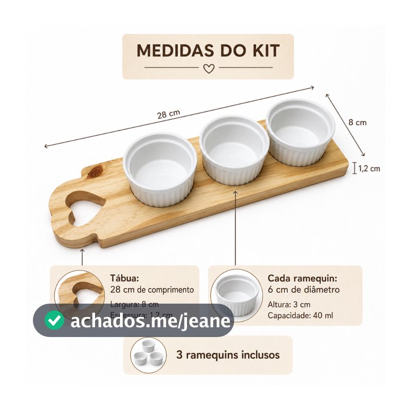 Kit Molheira Petisqueira 3 Ramequins Brancos com Tábua de Pinus