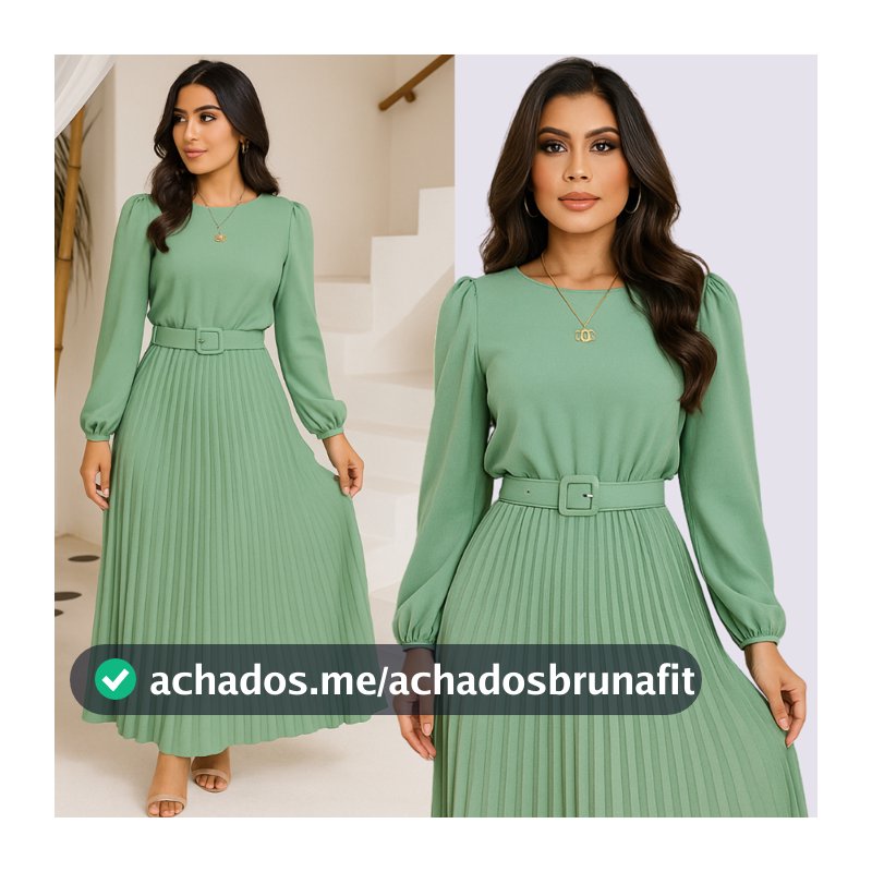 Vestido Evangélico Forrado Manga Longa Plissado Com Cinto Duna