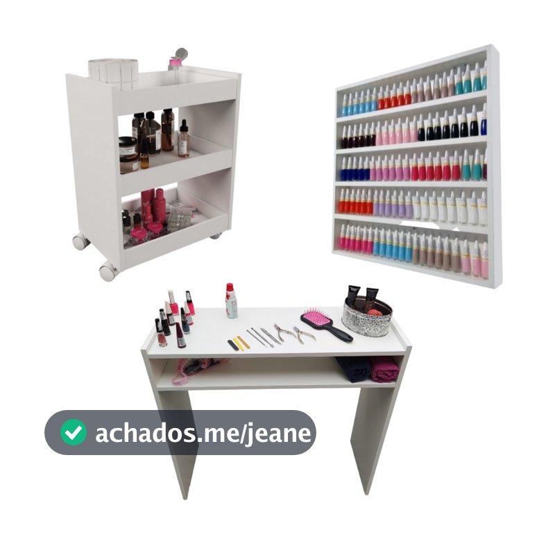 Kit Para Manicure Com Mesa + Prateleira de Esmaltes + Carrinho Auxiliar com 3 Bandejas e Rodinhas MDF