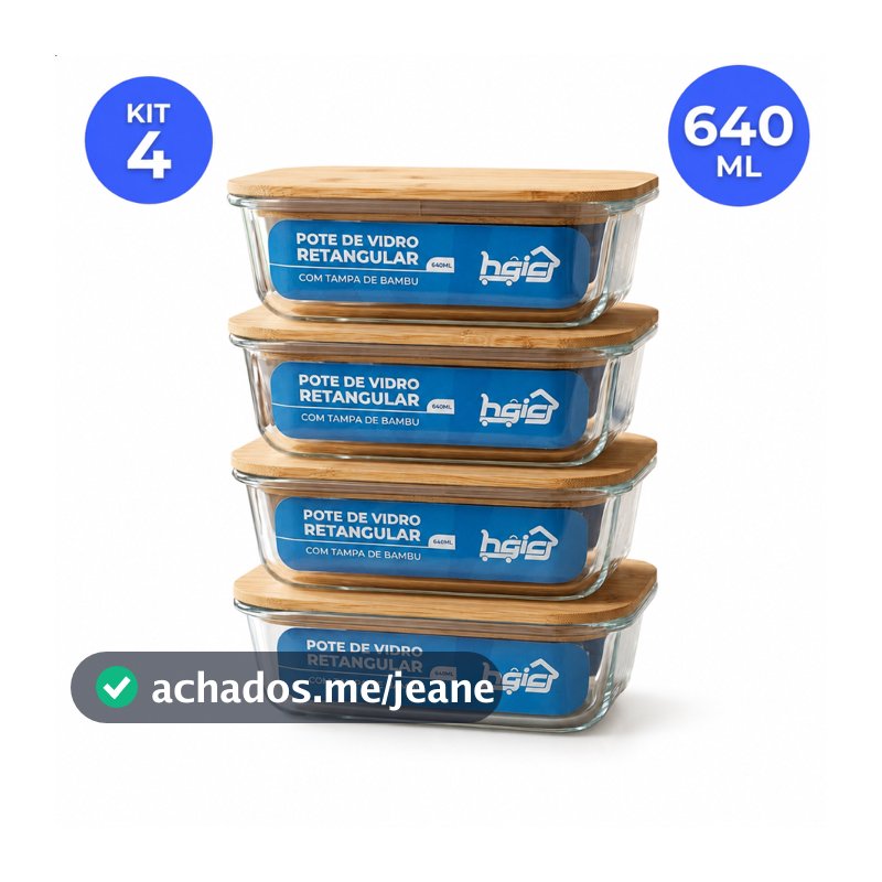 Kit 4 Potes de Vidro Herméticos 640ml Tampa de Bambu Retangular Marmita Forno Micro-ondas Freezer