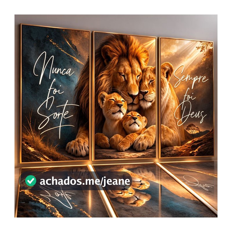 Kit 3 Quadros 122x60 Sala Decorativo Leão Motivação Familia Fé
