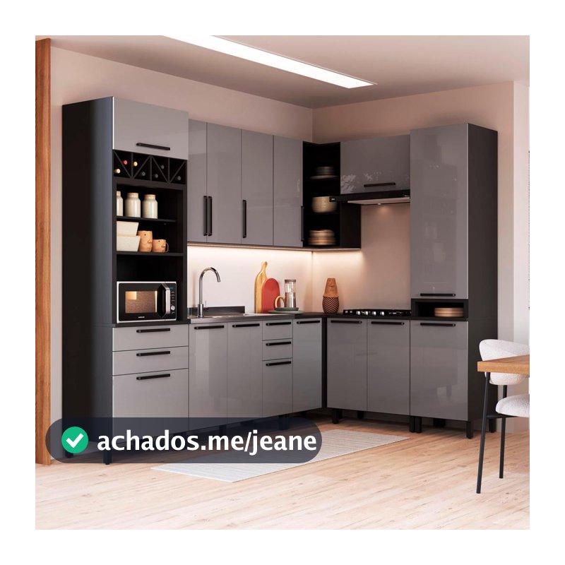 Armário de Cozinha Modulada Completa de Canto Fidelitá Mônaco 8 Peças 469cm 13 Portas 6 Gavetas Sem Tampo Chumbo/Titânio