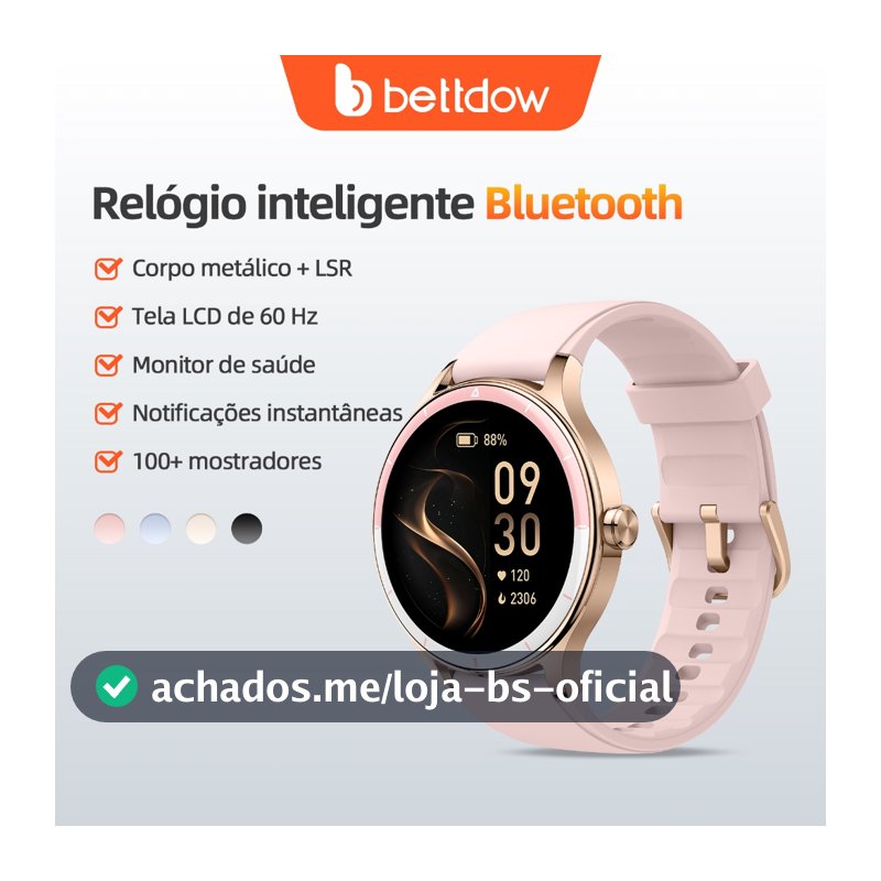 Smartwatch feminino BETTDOW: tela LCD de 1,27 polegadas, resistência à água IP68, caixa de liga metálica, modo esportivo