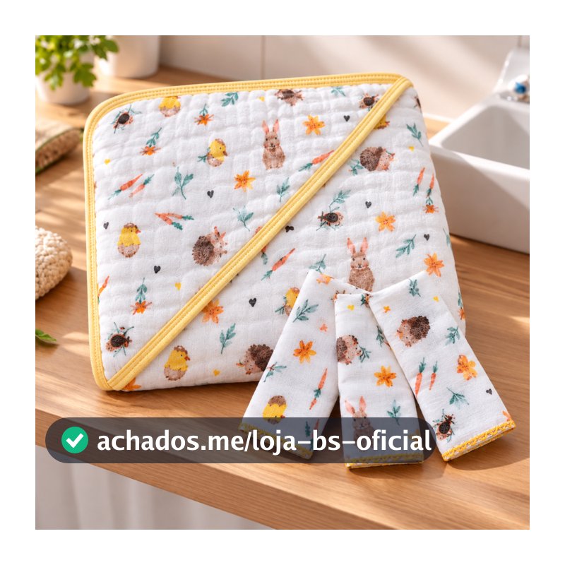 Kit 1 Toalha Banho Soft Bebe Capuz Fralda Grossa + 3 paninhos boca 100% Algodão Menino Menina