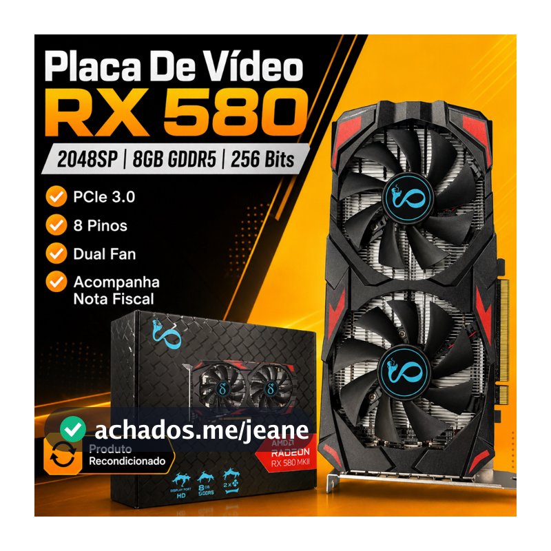 Placa De Vídeo AITEK RX 580 2048SP 8GB GDDR5 256 Bits PCIe 3.0 8 Pinos
