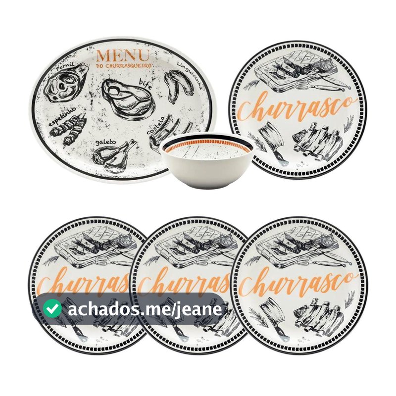 Conjunto Jogo de Churrasco Oxford 6 Peças Cerâmica Pratos Tigela e Travessa Menu do Churrasqueiro