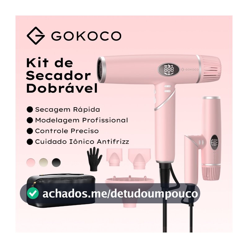 GOKOCO 3 em 1 Kit de Secador Dobravel Secagem Rapida Modelagem Profissional Cuidado Ionico Antifrizz Bivolt 110-220V