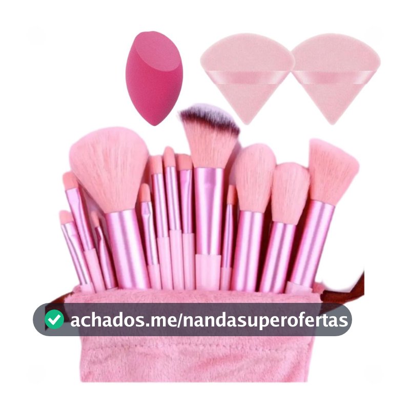 Kit 13 Pinceis de Maquiagem Dia a Dia Bolsa, 2 esponjas para aplicação de pó e 1 esponja de maquiagem para base