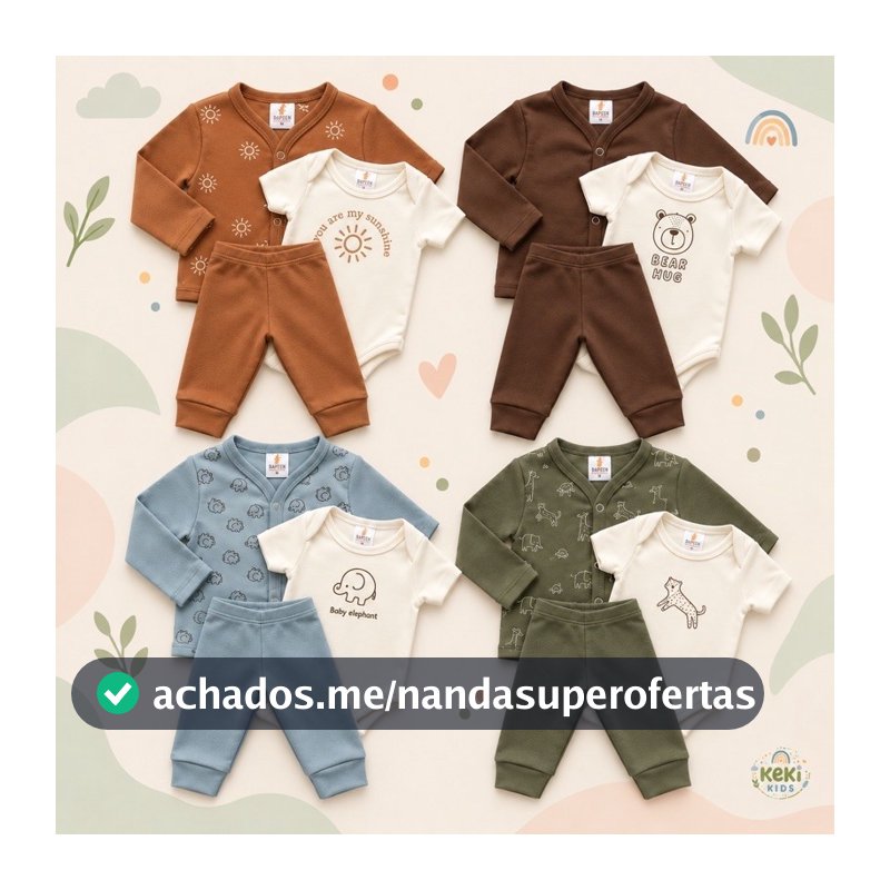 Kit Minimalista Menino 3 peças Body Bebê Cardigan Manga Curta e Calça RN ao GG - 100% algodão